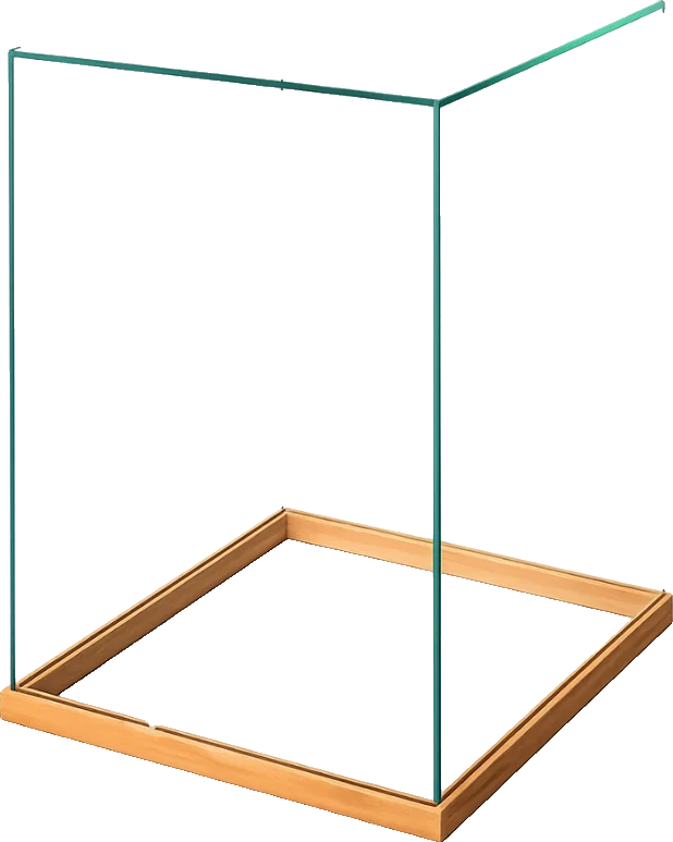 Mesa cubo em Vidro c/ Rodapé em Madeira